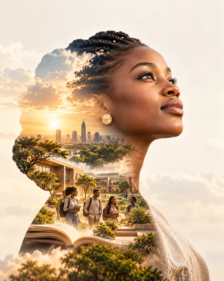 A young woman in profile at sunrise; within her silhouette, a city, a campus and students walking together with books.
