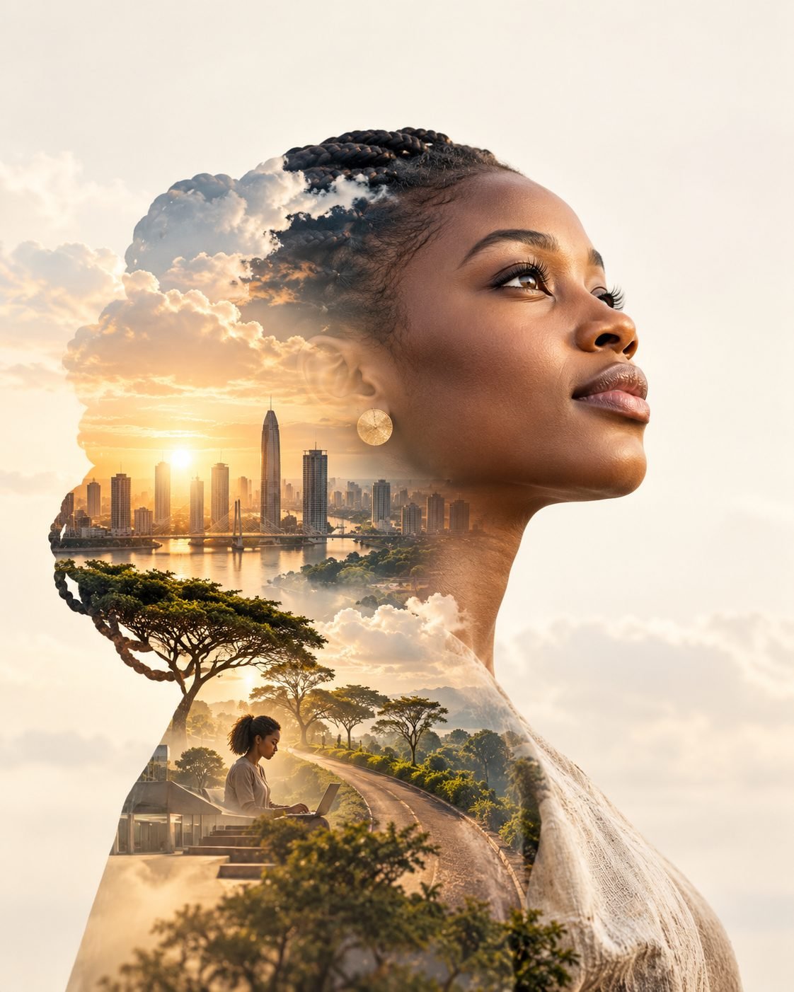 Double-exposure portrait of a young African woman looking upward. Within her silhouette, a city rises at sunrise beside a river, and a young woman works on a laptop by a winding road.