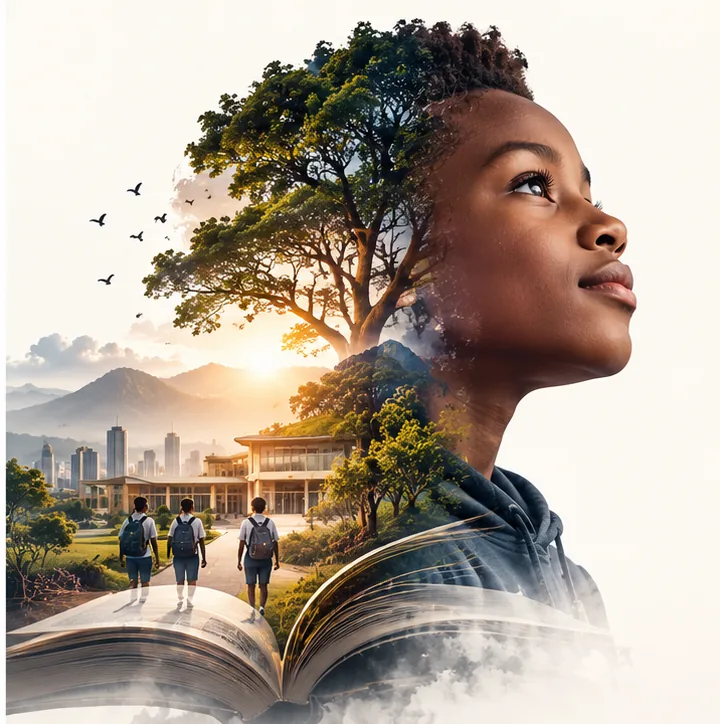 Double-exposure portrait of a teenager looking upward; within the silhouette, a school building, students walking with backpacks and an open book.